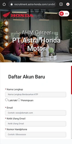 Isi Form Daftar Akun PT Astra Honda Motor