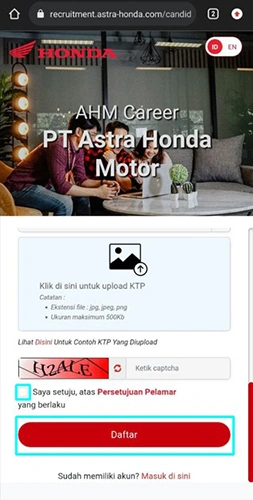 Selesai Tap Daftar Akun Career PT Astra Honda Motor
