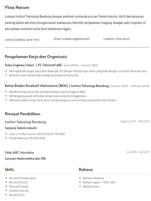 Template CV Lamaran Kerja Fresh Graduate